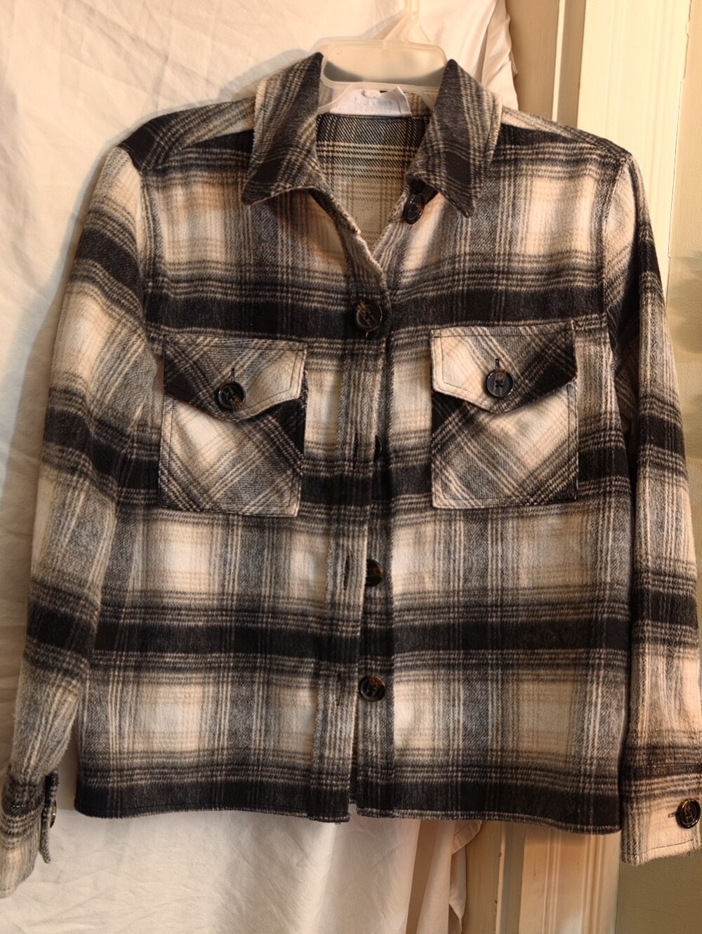 Steve Madden Black and Cream Plaid Utility Shacket